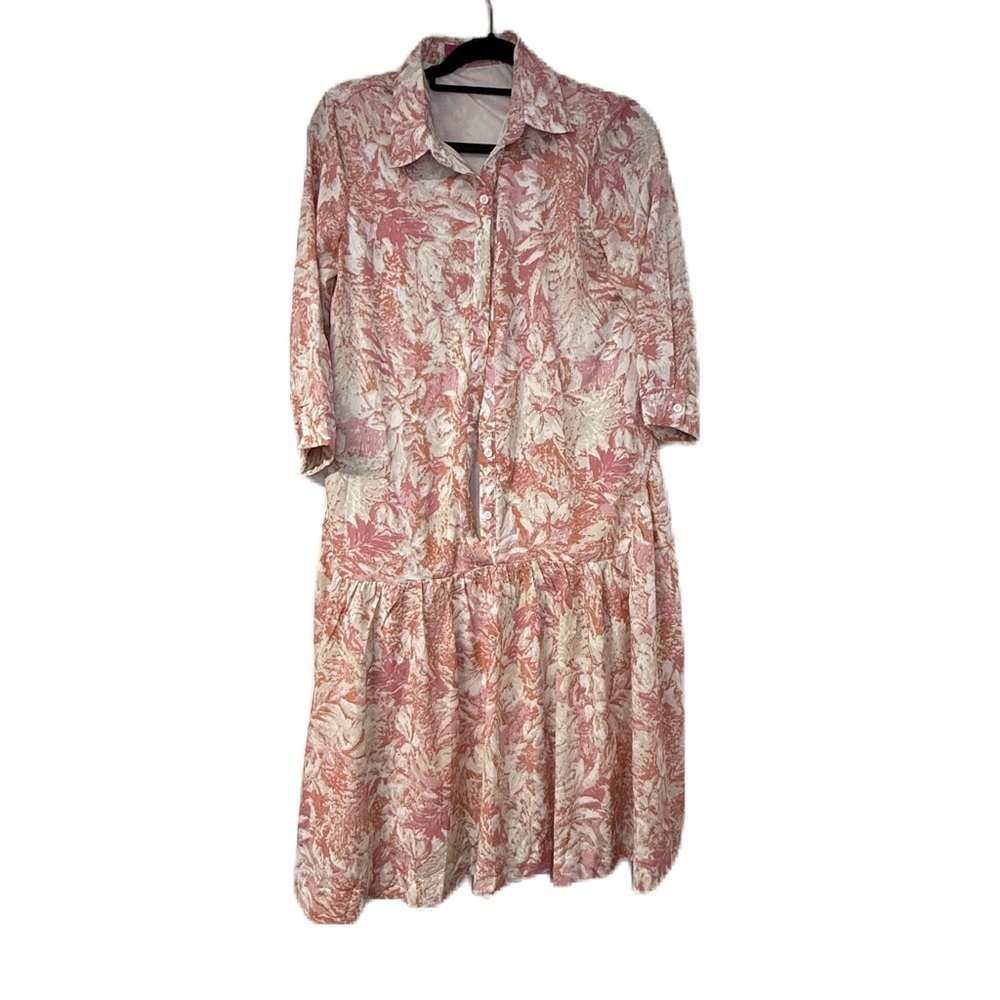 Pink and White Sundress with Notched Collar and Cuffed Sleeves